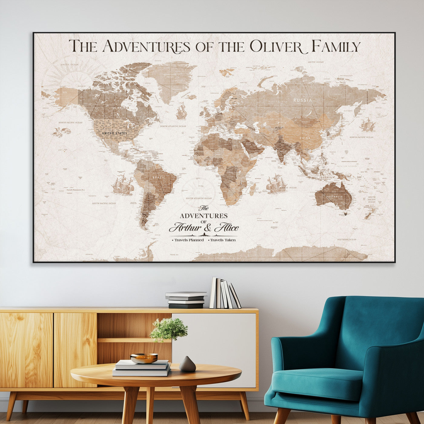 43869621-MGV-CV-36X24-Personalized World Map Wall Art – Light Beige Sepia Adventure Travel Map with Custom Family or Couple Names, Rustic Wall Decor for