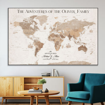 43869621-MGV-CV-36X24-Personalized World Map Wall Art – Light Beige Sepia Adventure Travel Map with Custom Family or Couple Names, Rustic Wall Decor for