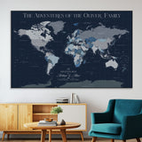 76726424-MGV-CV-36X24-Personalized World Map Wall Art – Navy Blue & Grey Adventure Travel Map with Custom Family or Couple Names, Modern Wall Decor for
