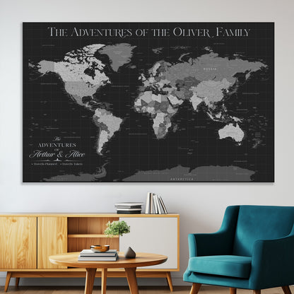 46064114-MGV-CV-36X24-Personalized World Map Wall Art – Black & Grey Adventure Travel Map with Custom Family or Couple Names, Modern Wall Decor for Home