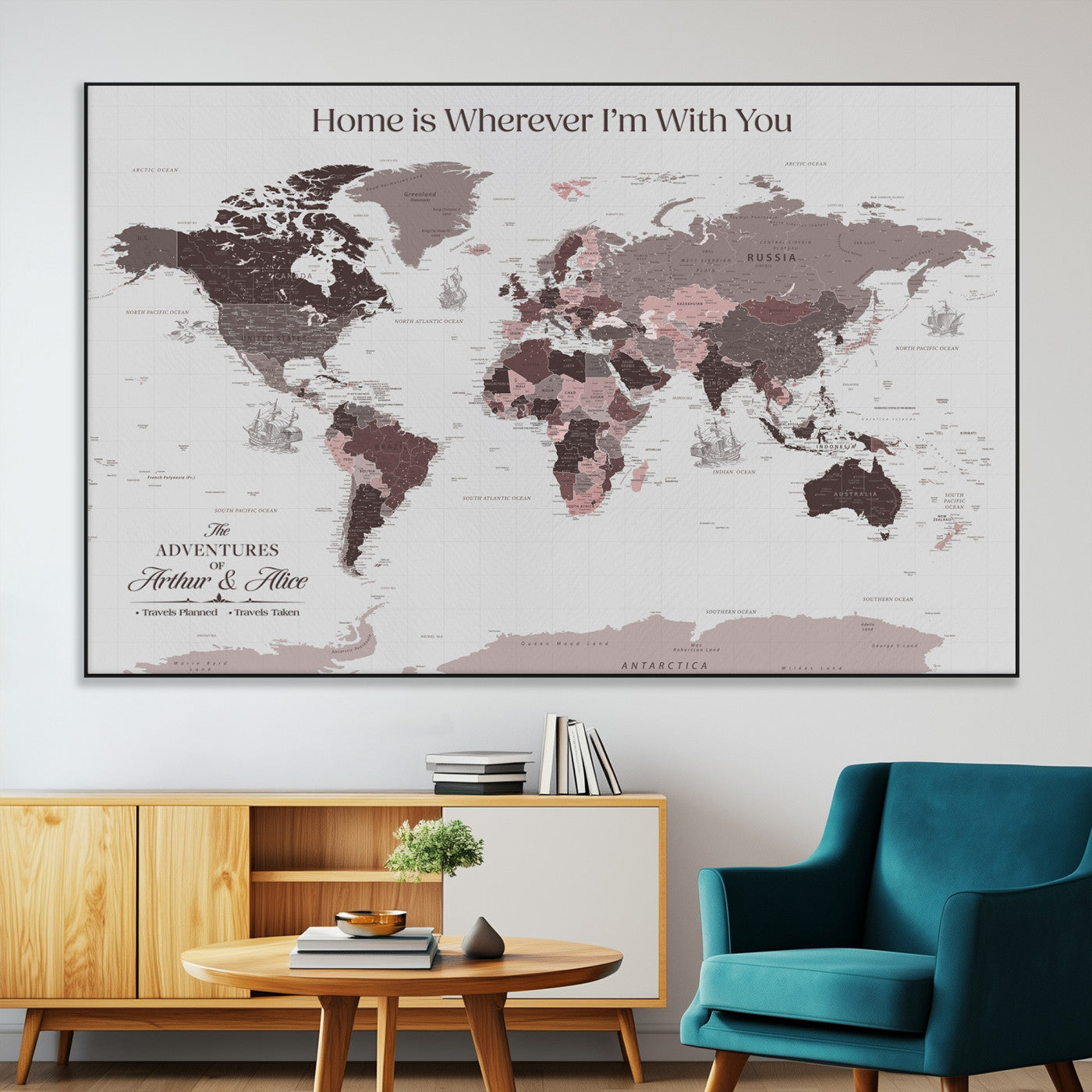 33204797-MGV-CV-36X24-Personalized World Map Wall Art – Burgundy & Grey Adventure Travel Map with Custom Names, Romantic Wall Decor for Couples, Home or