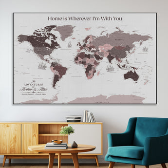 33204797-MGV-CV-36X24-Personalized World Map Wall Art – Burgundy & Grey Adventure Travel Map with Custom Names, Romantic Wall Decor for Couples, Home or