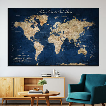 71052542-MGV-CV-36X24-Personalized World Map Wall Art – Rustic Navy Blue Adventure Travel Map with Custom Couple Names, Vintage Wall Decor for Home or
