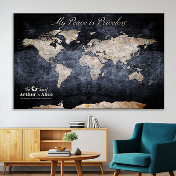 85403043-MGV-CV-36X24-Personalized World Map Wall Art – Dark Blue Rustic Adventure Map with Custom Couple Names, Vintage Wall Decor for Home or Travel
