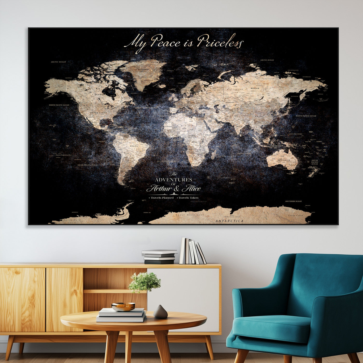 51488142-MGV-CV-36X24-Personalized World Map Wall Art – Dark Rustic Adventure Travel Map with Custom Names, Vintage Wall Decor for Couples, Families or