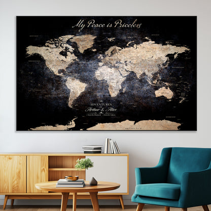 51488142-MGV-CV-36X24-Personalized World Map Wall Art – Dark Rustic Adventure Travel Map with Custom Names, Vintage Wall Decor for Couples, Families or