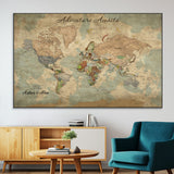 62500285-MGV-CV-36X24-Personalized World Map Wall Art – Rustic Watercolor Adventure Awaits Travel Map with Custom Couple Names, Vintage Wall Decor for