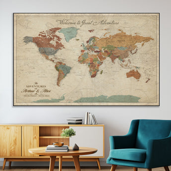 43497401-MGV-CV-36X24-Personalized World Map Wall Art – Vintage Rustic Adventure Travel Map with Custom Couple Names, Welcome to Great Adventure Wall