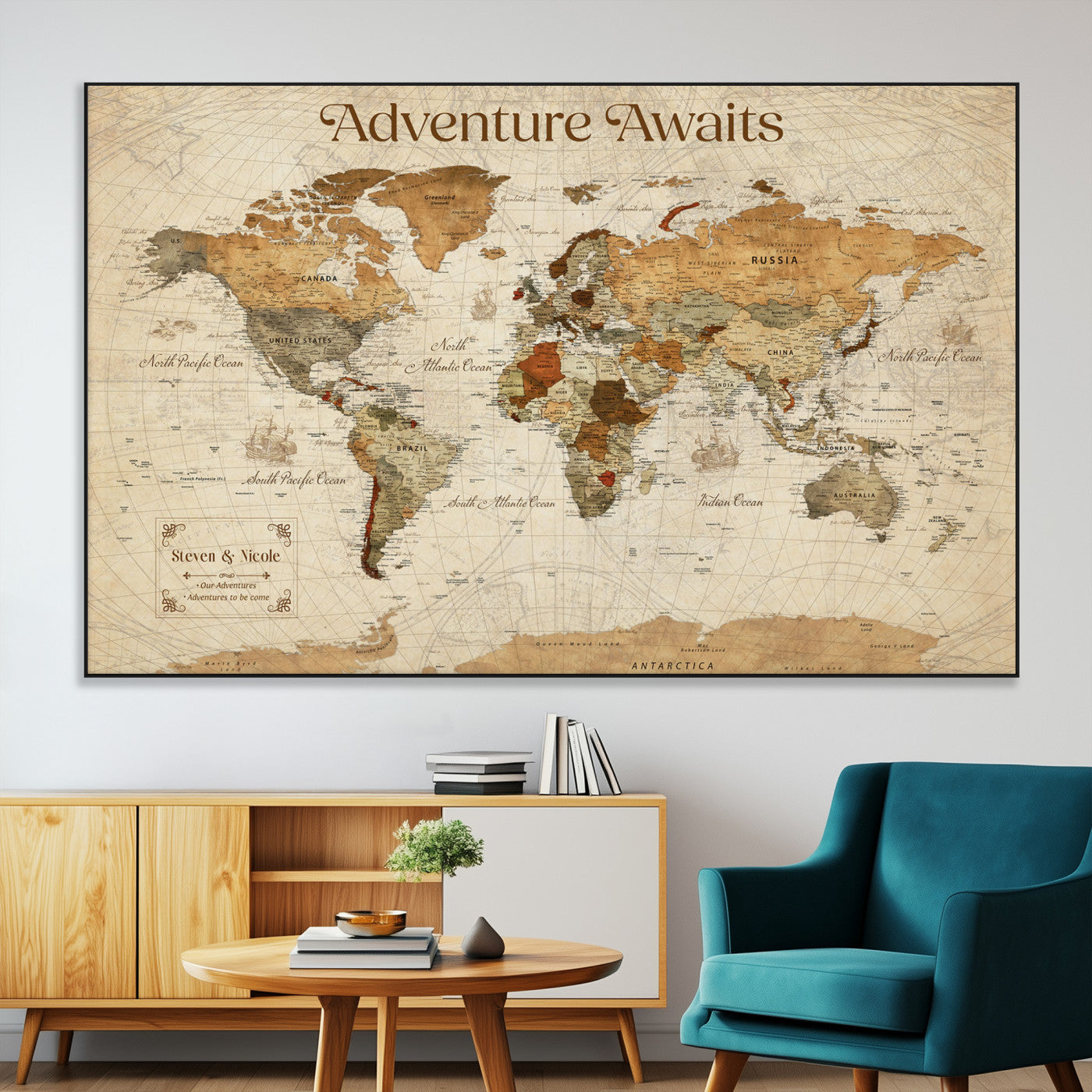 18685073-MGV-CV-36X24-Personalized World Map Wall Art – Antique Vintage Parchment Adventure Awaits Travel Map with Custom Couple Names, Rustic Wall