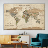 62766900-MGV-CV-36X24-Personalized World Map Wall Art – Antique Parchment Adventure Travel Map with Custom Couple Names, Rustic Wall Decor for Home,