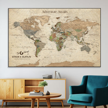 62766900-MGV-CV-36X24-Personalized World Map Wall Art – Antique Parchment Adventure Travel Map with Custom Couple Names, Rustic Wall Decor for Home,