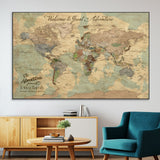 32019746-MGV-CV-36X24-Personalized World Map Wall Art – Vintage Camo Adventure Travel Map with Custom Family Names, Rustic Wall Decor for Couples, Home