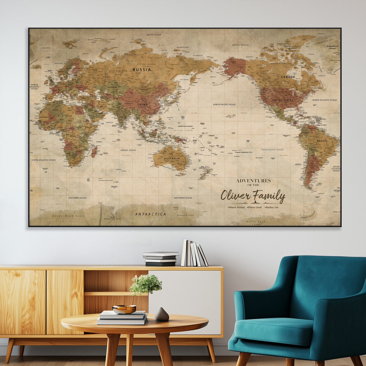 31874045-MGV-CV-36X24-Personalized World Map Wall Art – Vintage Earth Tone Adventure Map with Custom Family Names, Rustic Travel Decor for Home, Couples