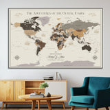 40679469-MGV-CV-36X24-Personalized World Map Wall Art – Neutral Tones Adventure Travel Map with Custom Family Names, Rustic Wall Decor for Living Room