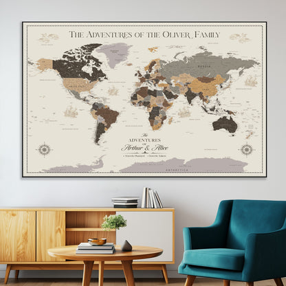 40679469-MGV-CV-36X24-Personalized World Map Wall Art – Neutral Tones Adventure Travel Map with Custom Family Names, Rustic Wall Decor for Living Room
