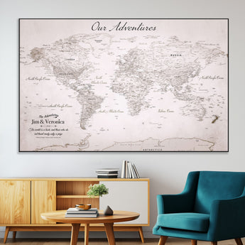 11706567-MGV-CV-36X24-Personalized World Map Wall Art – Minimalist Beige Adventure Travel Map with Custom Names, Elegant Push Pin Canvas for Couples,