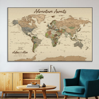53442996-MGV-CV-36X24-Personalized World Map Wall Art – Adventure Awaits Vintage Travel Map with Custom Couple Names, Rustic Wall Decor for Home,