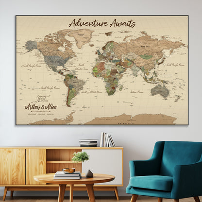 53442996-MGV-CV-36X24-Personalized World Map Wall Art – Adventure Awaits Vintage Travel Map with Custom Couple Names, Rustic Wall Decor for Home,