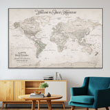93034948-MGV-CV-36X24-Personalized World Map Wall Art – Vintage Beige Adventure Travel Map with Custom Names, Elegant Push Pin Canvas for Couples,