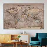 93226713-MGV-CV-36X24-Personalized World Map Wall Art – Adventure Awaits Rustic Earth-Tone Travel Map with Custom Names, Vintage Wall Decor for Couples,
