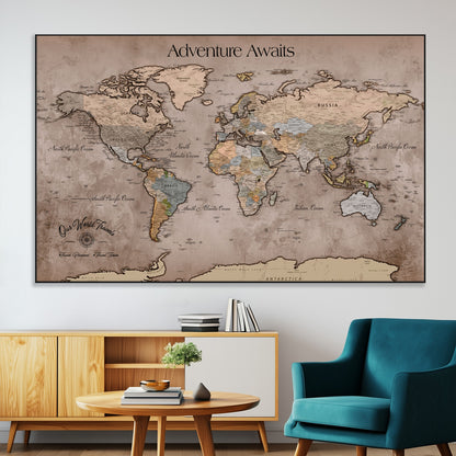 93226713-MGV-CV-36X24-Personalized World Map Wall Art – Adventure Awaits Rustic Earth-Tone Travel Map with Custom Names, Vintage Wall Decor for Couples,