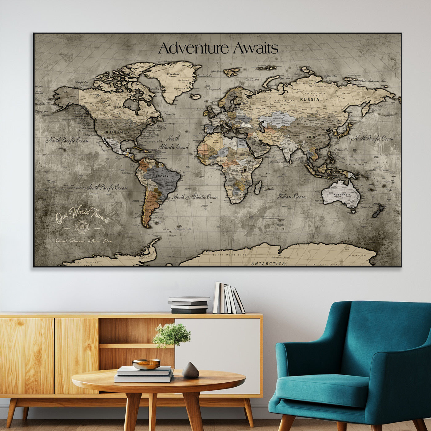 72658967-MGV-CV-36X24-Personalized World Map Wall Art – Adventure Awaits Rustic Sepia Travel Map with Custom Names, Vintage Wall Decor for Couples, Home