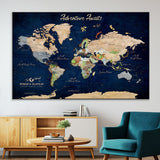 80965072-MGV-CV-36X24-Personalized World Map Wall Art – Adventure Awaits Navy Blue Travel Map with Custom Names, Rustic Vintage Wall Decor for Couples,