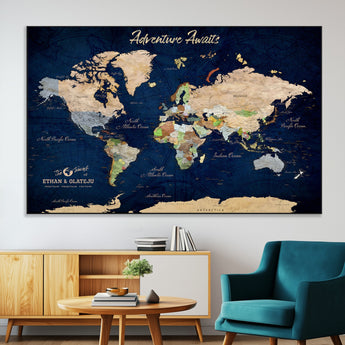 80965072-MGV-CV-36X24-Personalized World Map Wall Art – Adventure Awaits Navy Blue Travel Map with Custom Names, Rustic Vintage Wall Decor for Couples,