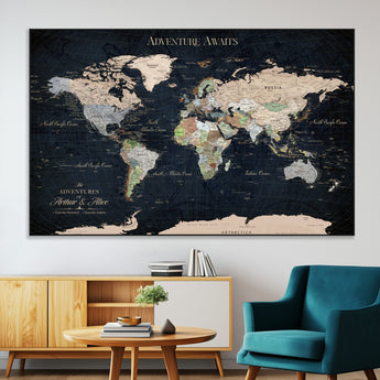 15547583-MGV-CV-36X24-Personalized World Map Wall Art – Rustic Navy Adventure Awaits Travel Map with Custom Couple Names, Vintage Wall Decor for Home or
