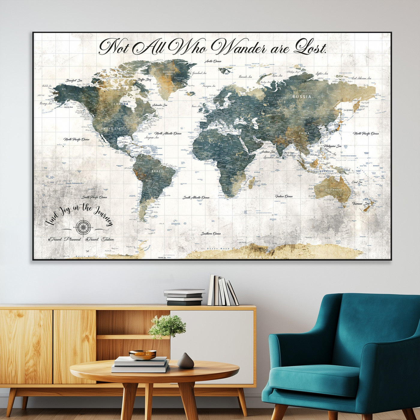 16233493-MGV-CV-36X24-Personalized World Map Wall Art – Rustic Blue Green Wanderlust Travel Map with Custom Couple Names, Vintage Wall Decor for Home
