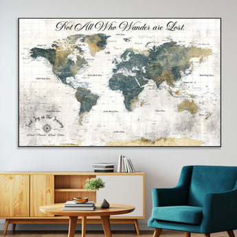 16233493-MGV-CV-36X24-Personalized World Map Wall Art – Rustic Blue Green Wanderlust Travel Map with Custom Couple Names, Vintage Wall Decor for Home