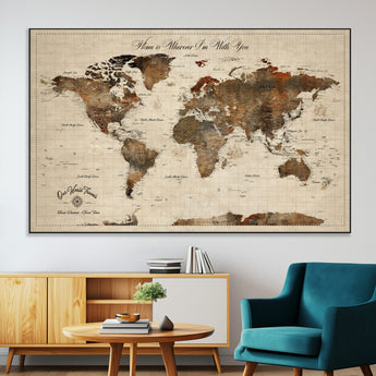 48225643-MGV-CV-36X24-Personalized World Map Wall Art – Rustic Vintage Adventure Travel Map with Custom Couple Names, Romantic Wall Decor for Home or