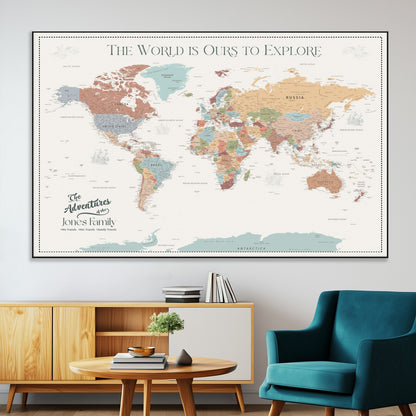 69180591-MGV-CV-36X24-Personalized World Map Wall Art – Rustic Vintage Adventure Travel Map with Custom Family Names, Unique Wall Decor for Couples,