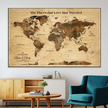 50680593-MGV-CV-36X24-Personalized World Map Wall Art – Rustic Brown Adventure Travel Map with Custom Names, Elegant Push Pin Canvas for Couples Home,