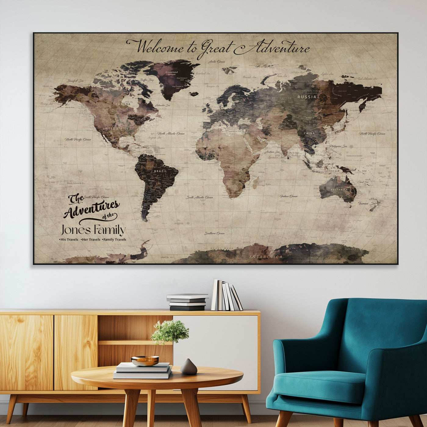 78610079-MGV-CV-36X24-Personalized World Map Wall Art – Vintage Rustic Travel Map with Custom Family Name, Adventure Wall Decor for Home, Family Gift or