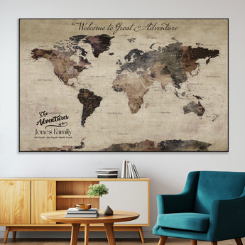 78610079-MGV-CV-36X24-Personalized World Map Wall Art – Vintage Rustic Travel Map with Custom Family Name, Adventure Wall Decor for Home, Family Gift or