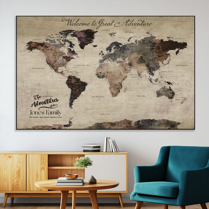 78610079-MGV-CV-36X24-Personalized World Map Wall Art – Vintage Rustic Travel Map with Custom Family Name, Adventure Wall Decor for Home, Family Gift or