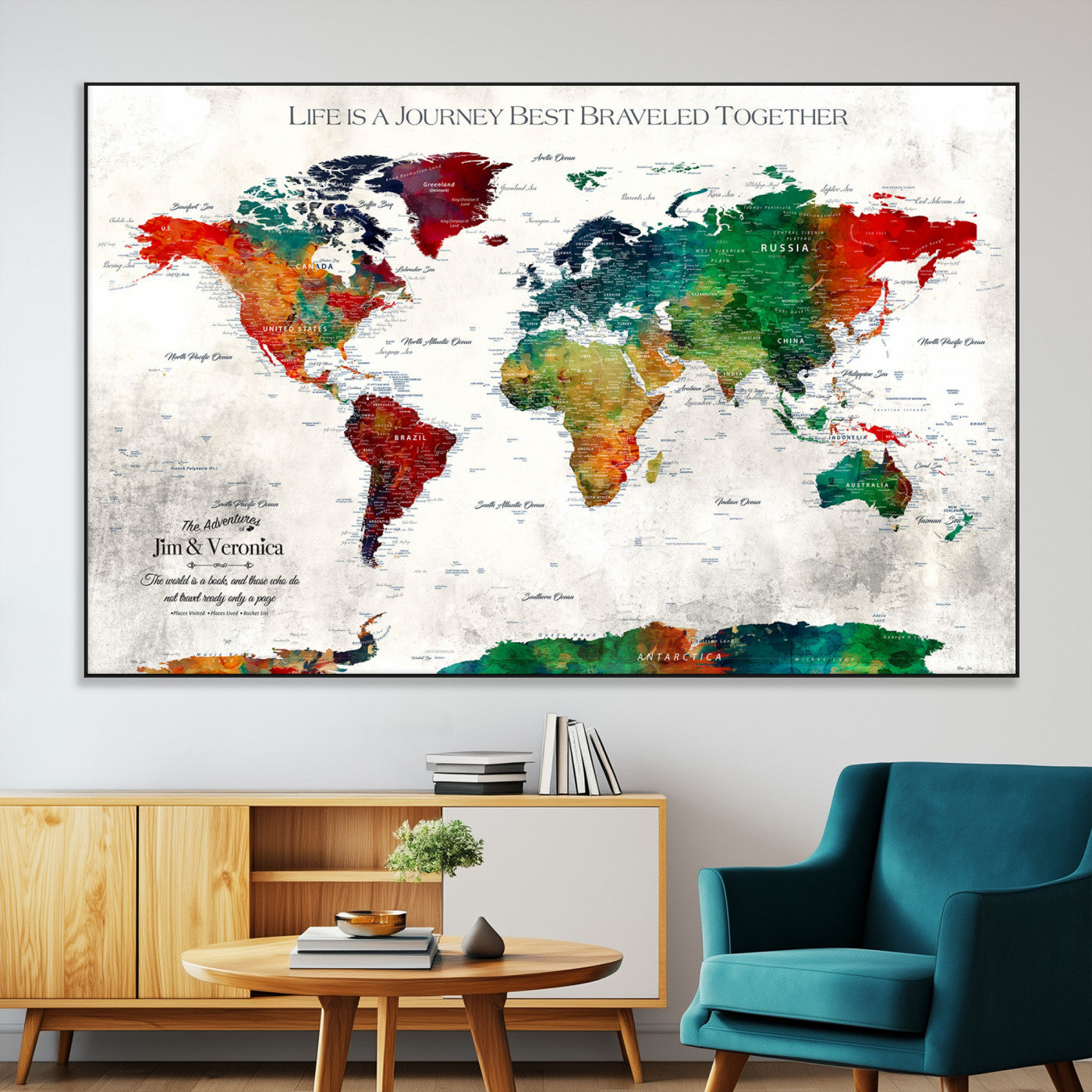 95876117-MGV-CV-36X24-Personalized World Map Wall Art – Colorful Watercolor Travel Map with Custom Names, Romantic Wall Decor for Couples, Wedding or