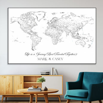 43438578-MGV-CV-36X24-Personalized World Map Wall Art – Black and White Minimal Travel Map with Custom Names, Elegant Wall Decor for Couples, Wedding or