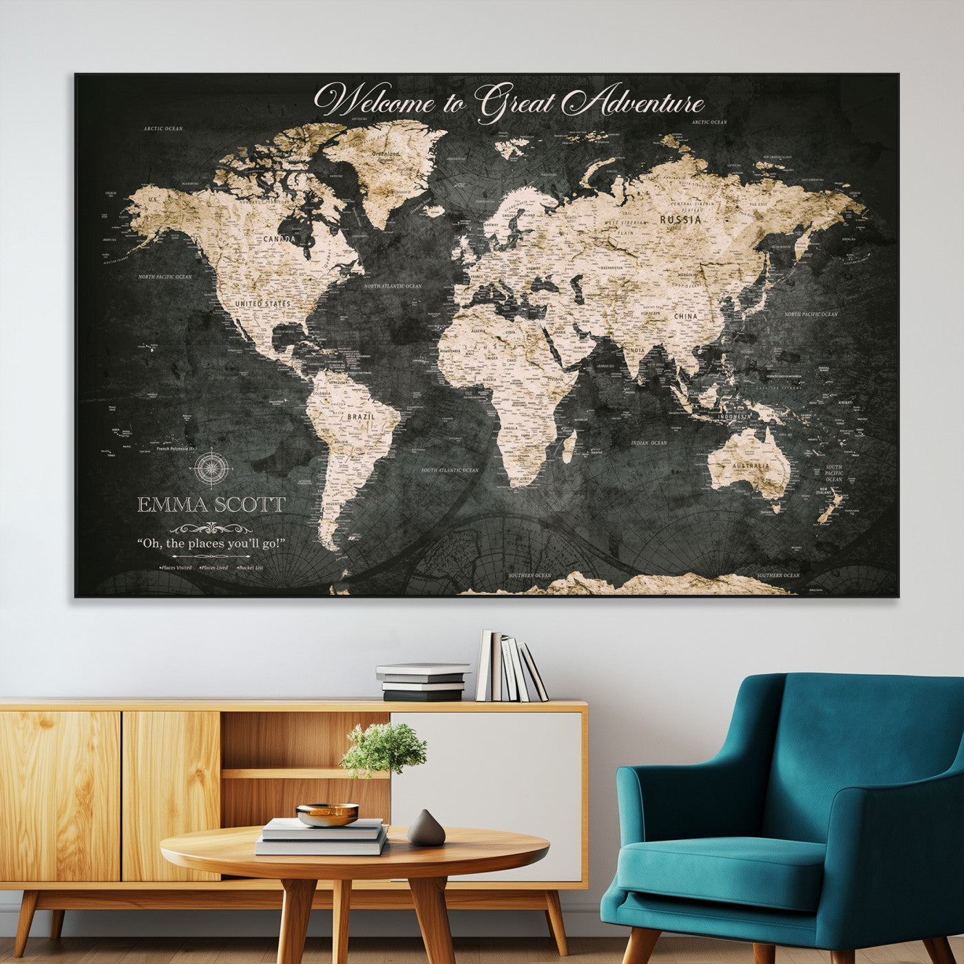 70534097-MGV-CV-36X24-Personalized World Map Wall Art – Dark Vintage Adventure Style Travel Map with Custom Names, Unique Wall Decor for Couples, Home