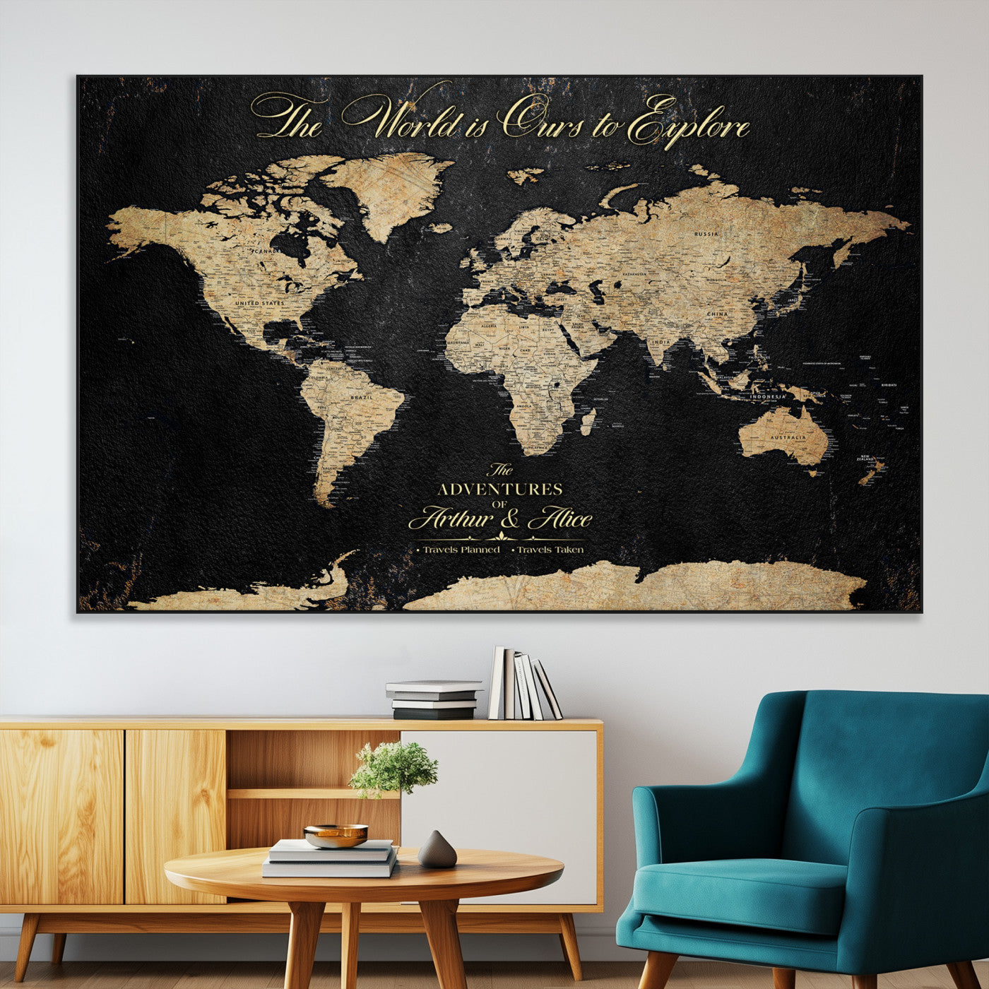 98947257-MGV-CV-36X24-Personalized World Map Wall Art – Vintage Black Adventure Travel Map with Custom Names, Elegant Push Pin Canvas for Couples Home