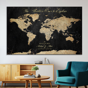 98947257-MGV-CV-36X24-Personalized World Map Wall Art – Vintage Black Adventure Travel Map with Custom Names, Elegant Push Pin Canvas for Couples Home