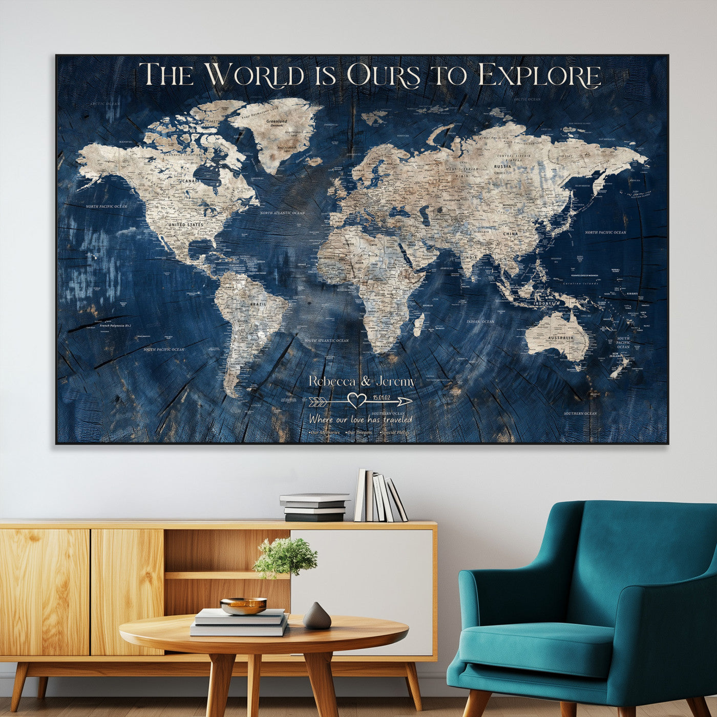 16933330-MGV-CV-36X24-Personalized World Map Wall Art – Navy Blue Vintage Travel Map with Custom Names, Anniversary Gift for Couples Romantic Adventure