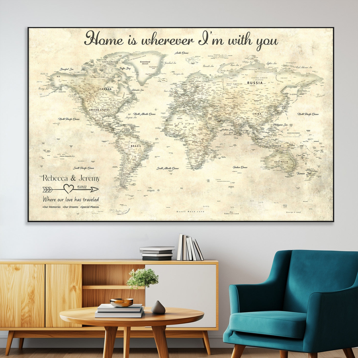 35009043-MGV-CV-36X24-Personalized World Map Wall Art – Vintage Beige Travel Map with Custom Names and Date, Romantic Anniversary Gift for Couples Home