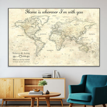 35009043-MGV-CV-36X24-Personalized World Map Wall Art – Vintage Beige Travel Map with Custom Names and Date, Romantic Anniversary Gift for Couples Home