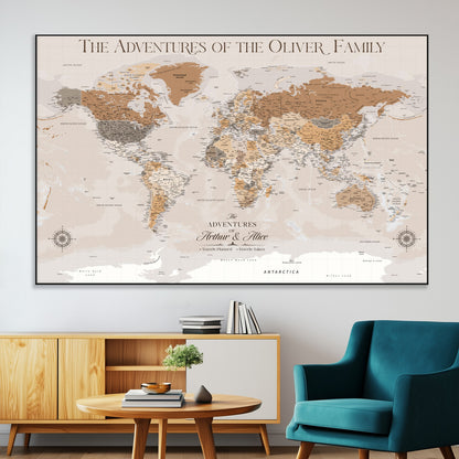 34289723-MGV-CV-36X24-Personalized World Map Wall Art – Elegant Beige and Brown Adventure Map Canvas Print for Family Home, Living Room, Study or Office