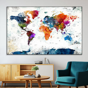 42807-MGV-CV-36X24-Colorful Abstract World Map Canvas Wall Art – Modern Watercolor Style Travel Map Print, Large Framed Wall Decor for Living Room, Bedroom, Home or Office
