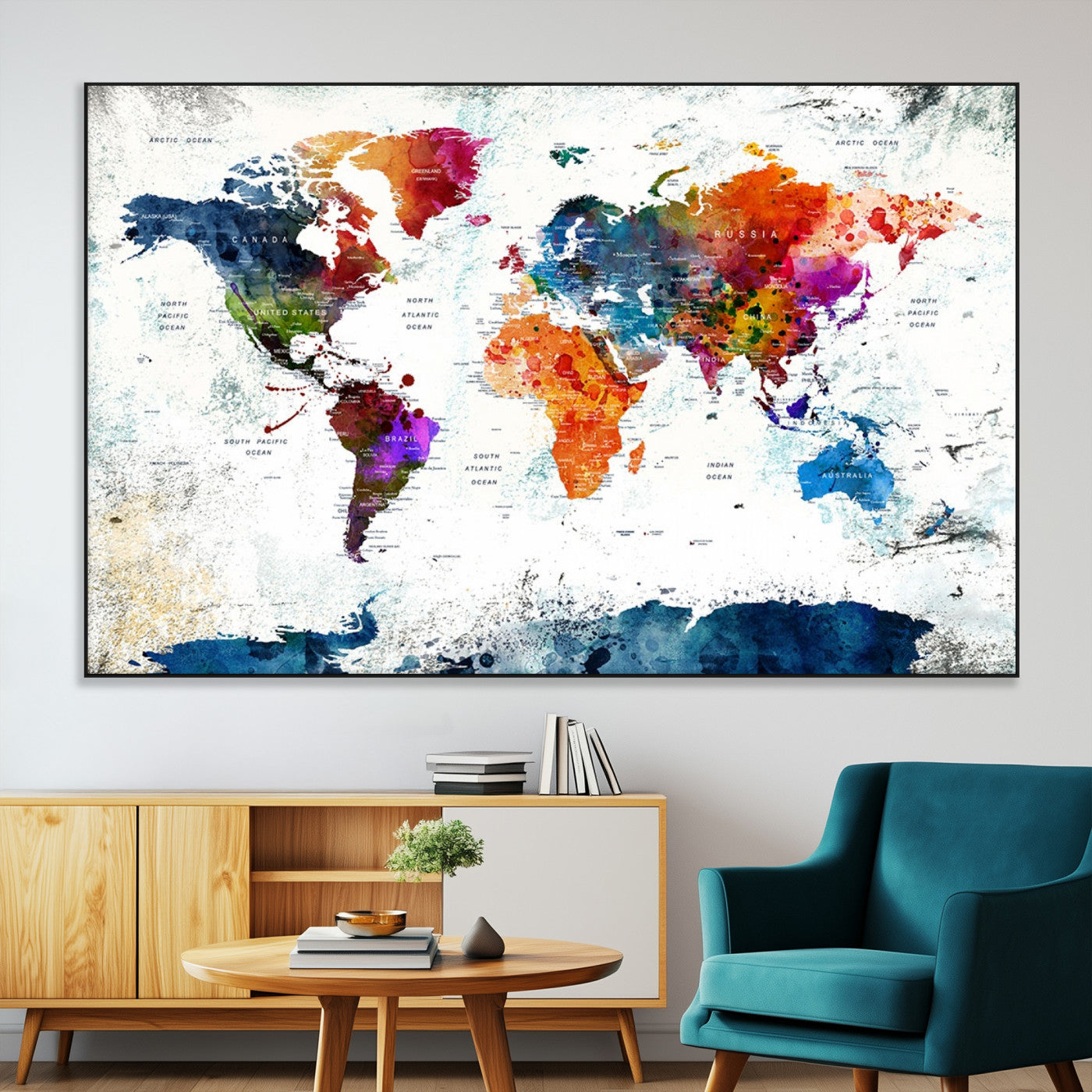 42807-MGV-CV-36X24-Colorful Abstract World Map Canvas Wall Art – Modern Watercolor Style Travel Map Print, Large Framed Wall Decor for Living Room, Bedroom, Home or Office