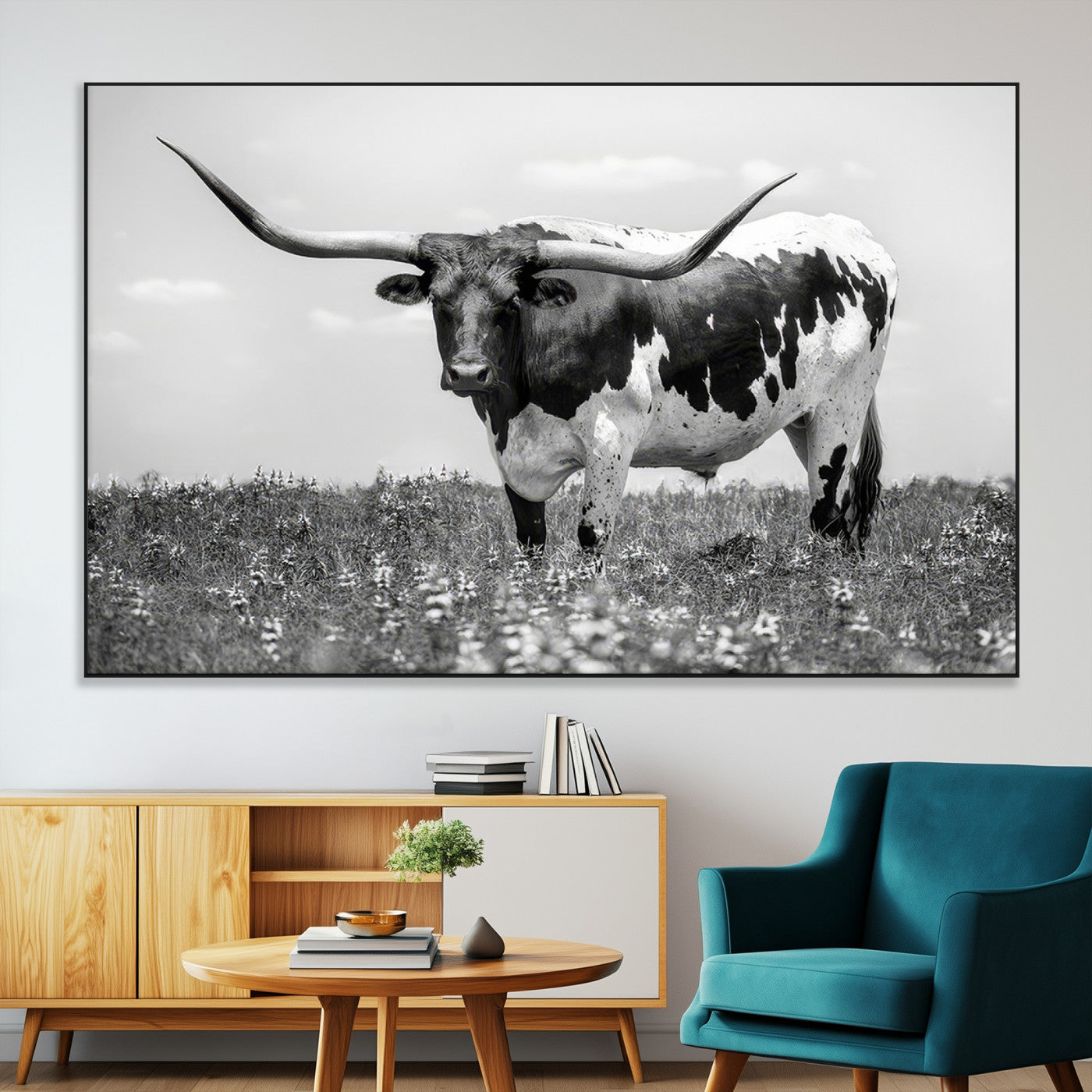 83785-MGV-CV-36X24-Texas Longhorn Wall Art Canvas Print, Framed Horned Bull Art Picture Print, Monochrome Cattle Perfect Rustic Western Decor Artwork