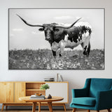83785-MGV-CV-36X24-Texas Longhorn Wall Art Canvas Print, Framed Horned Bull Art Picture Print, Monochrome Cattle Perfect Rustic Western Decor Artwork